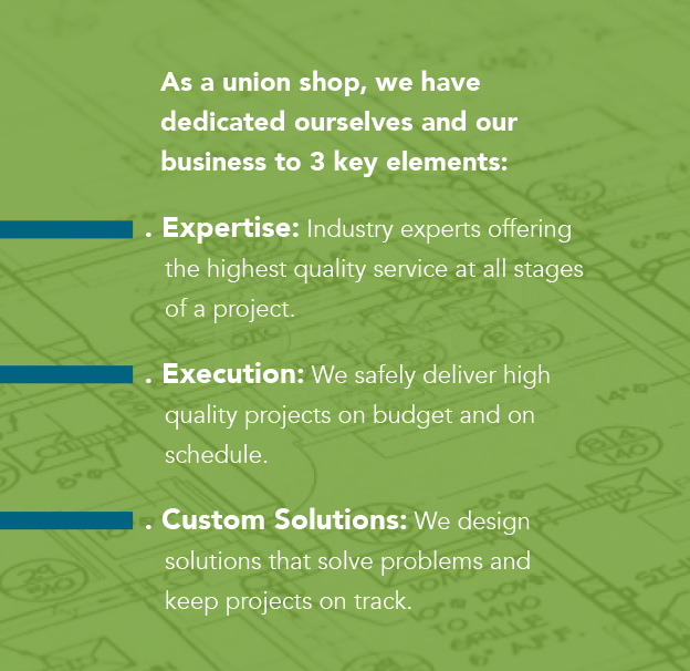 As a union shop, we have
dedicated ourselves and our
business to 3 key elements:
. Expertise: Industry experts offering
the highest quality service at all stages
of a project.
. Execution: We safely deliver high
quality projects on budget and on
schedule.
. Custom Solutions: We design
solutions that solve problems and
keep projects on track.